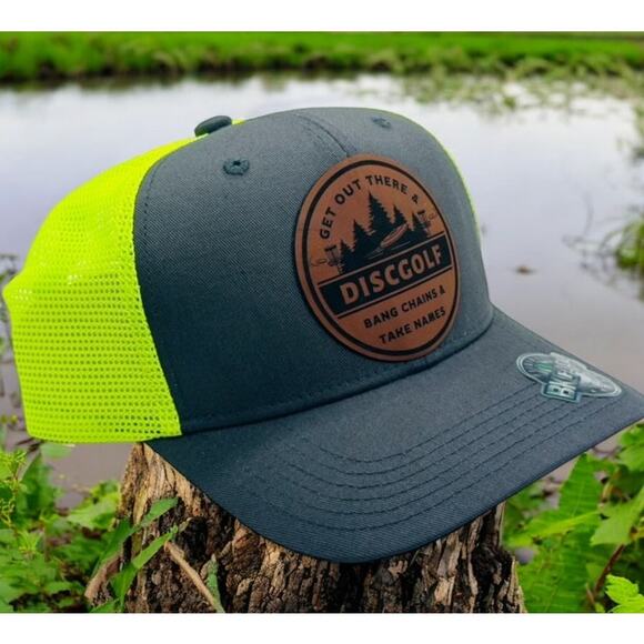 Disc Golf Leather Patch Hat Custom Trucker Hat Bang Chains Gry/Neon Yellow - Picture 5 of 6